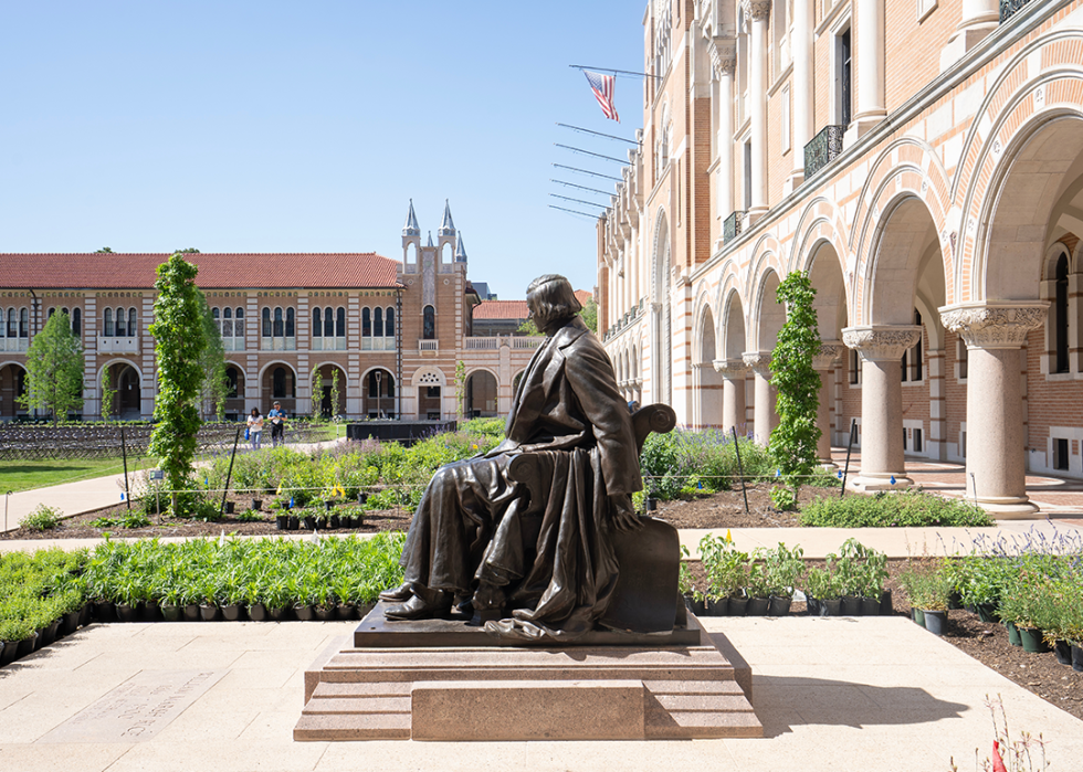 The bronze statue of William Marsh Rice in the quad on Rice University's campus.