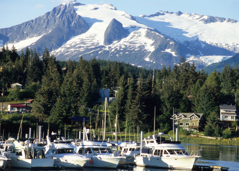 Boats on the water in the foreground with tall green trees and snowy mountain peaks. 