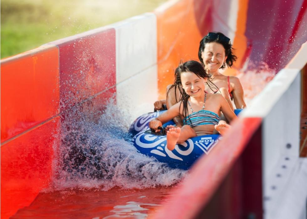 Mother and daughter sliding down water slide, sitting together at inflatable ring and making water splashes.