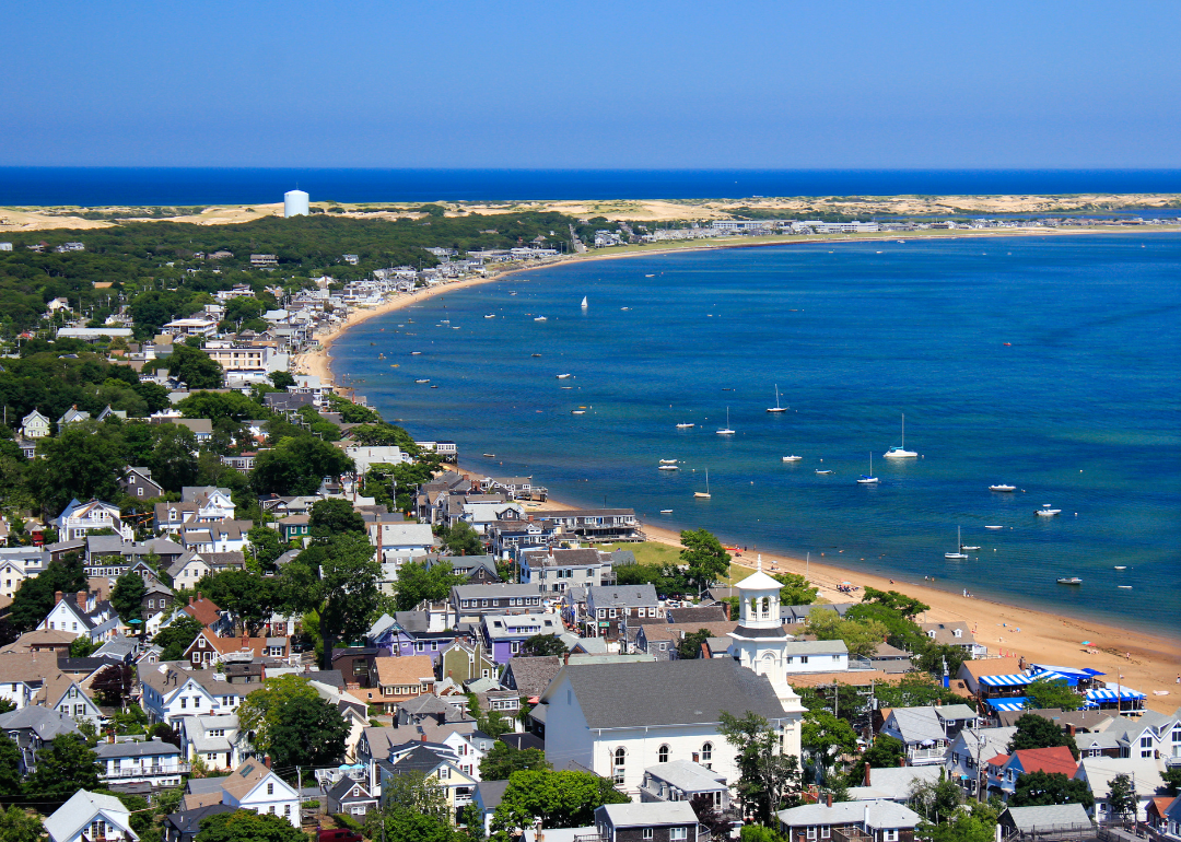 An aerial view of Cape Cod on the water.