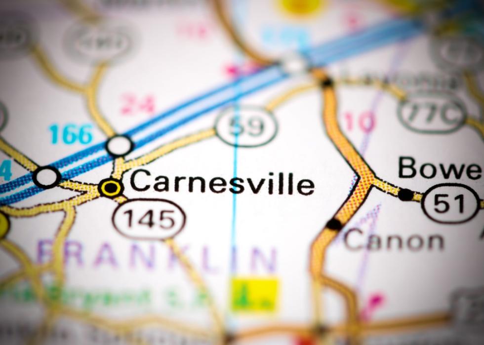 A map showing the location of Carnesville.
