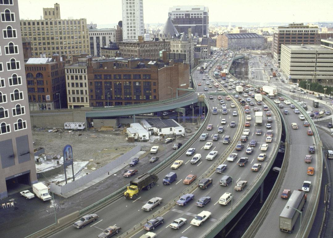 An aerial view of Boston highway traffic in 1987.