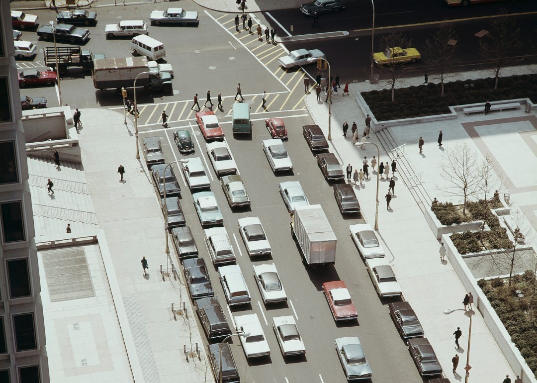 An aerial view of traffic in 1967.