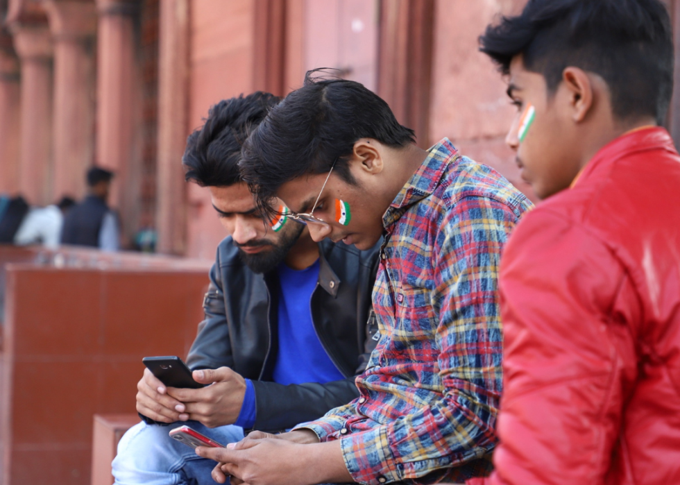 Two young men with Indian flags painted on their cheeks looking at their cell phones. 