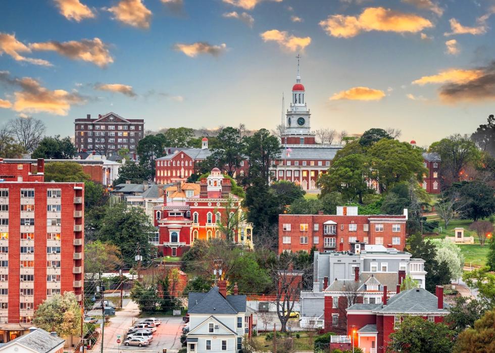 Downtown skyline of Macon, Georgia, at dusk.