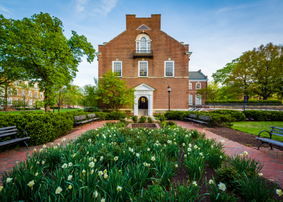 A blooming Daffodil garden in front of a historic stone building.