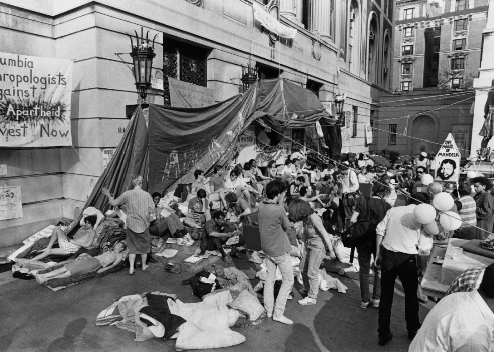 Students camp out in front of Hamilton Hall at Columbia University.