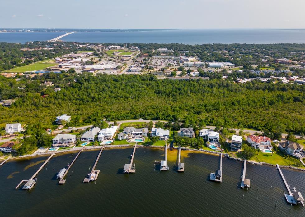 Aerial photo of luxury waterfront homes with docks in Gulf Breeze, Florida.