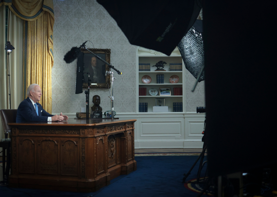 U.S. President Joe Biden delivering a nationally televised address from the Oval Office of the White House on June 2, 2023, addressing the recent debt limit agreement that the U.S. Congress passed with broad bipartisan support.