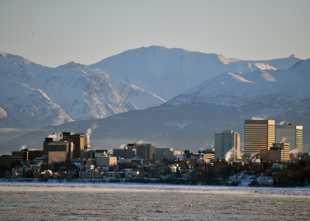 The Anchorage skyline on the water with snowy mountains in the background.