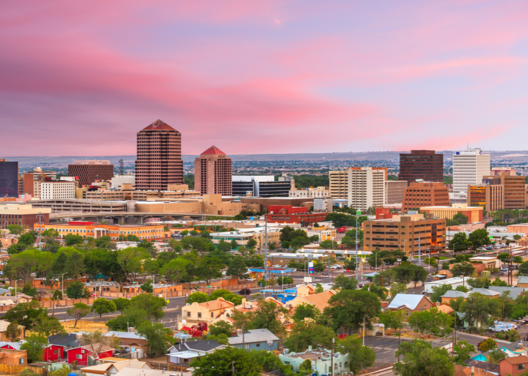 An aerial view of Albuquerque at sunset.