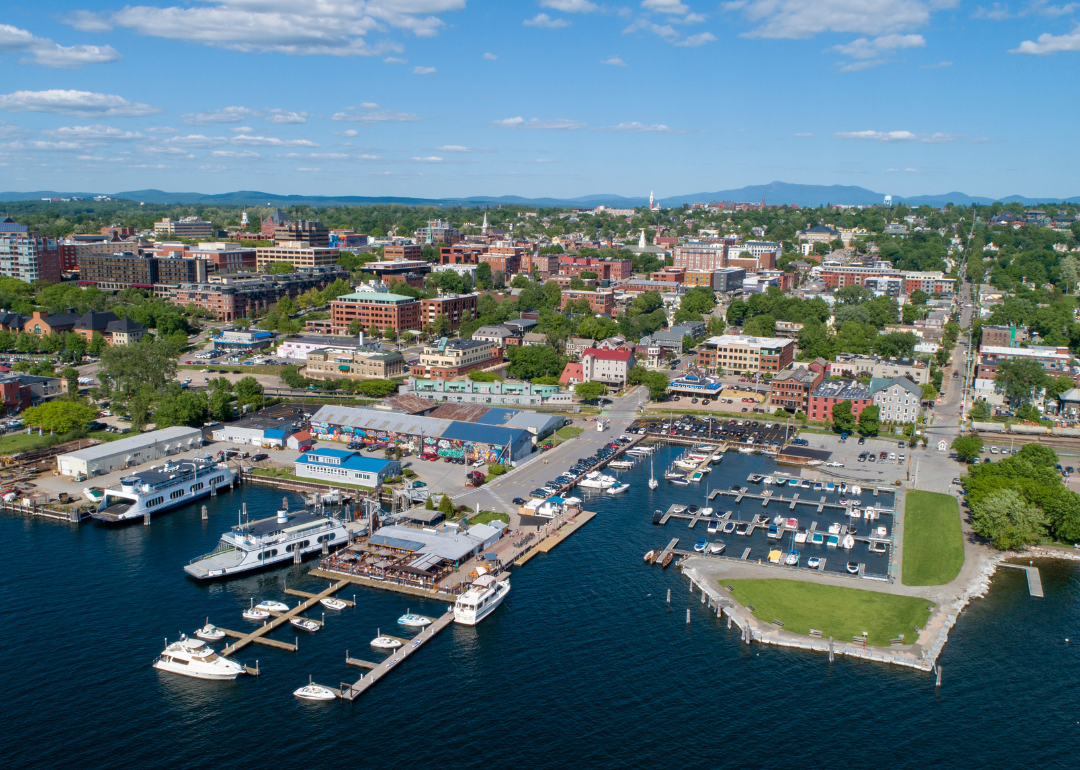 An aerial view of Burlington on the water.