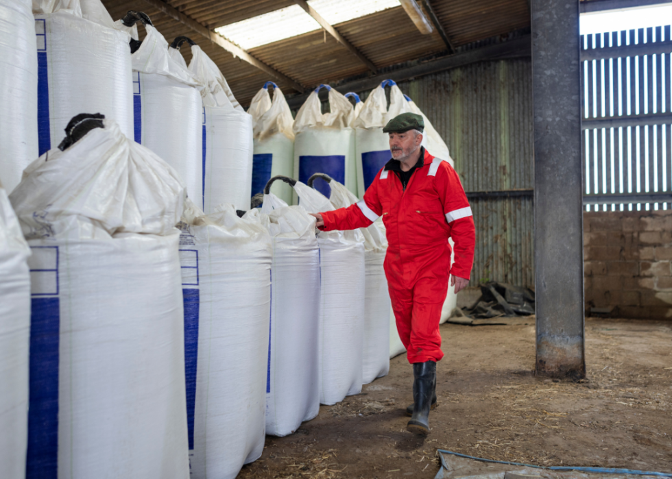 A farmer inspecting fertilizer bags. 