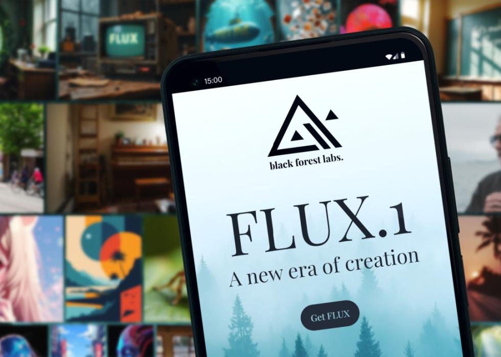 A smartphone screen displaying a website for a product called FLUX.1 by Black Forest Labs. The tagline reads, "A new era of creation," with a call-to-action button labeled "Get FLUX."