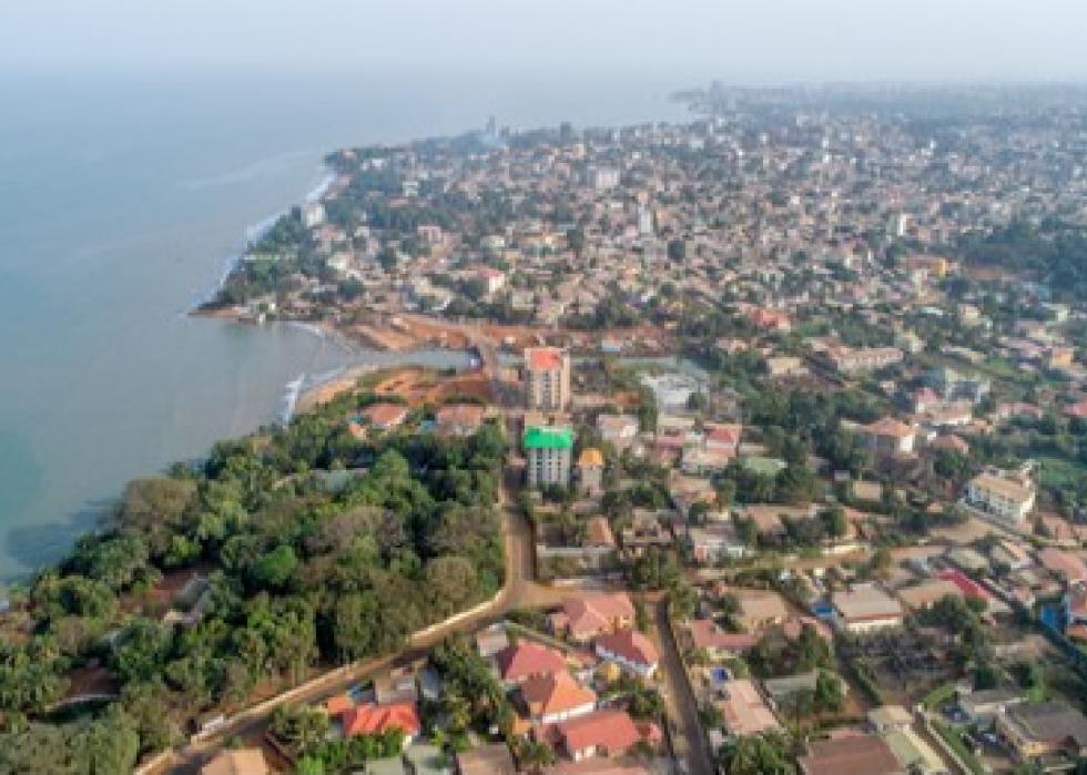 Aerial drone shot of Conakry, Guinea.