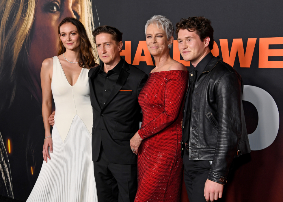 Andi Matichak, David Gordon Green, Jamie Lee Curtis, and Rohan Campbell attend the premiere of "Halloween Ends."