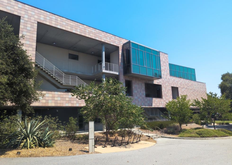 An exterior view of an academic building at Harvey Mudd College.