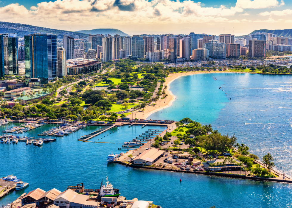 Aerial view of Honolulu city near the beach.