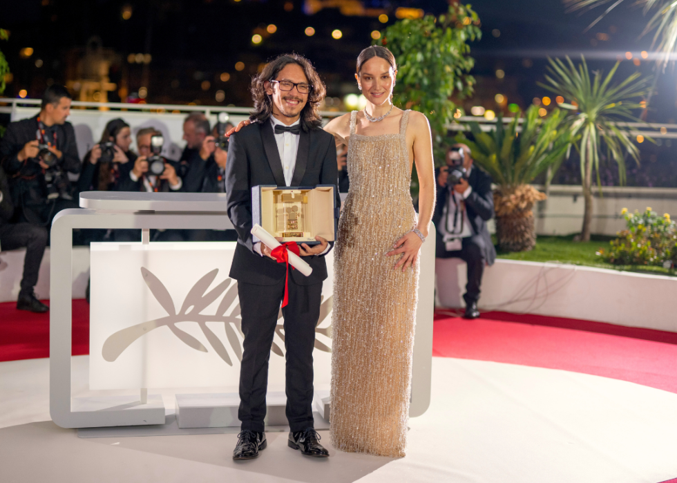 Pham Thien An poses with Anais Demoustier after he won the Camera d'Or at the Cannes Film Festival.