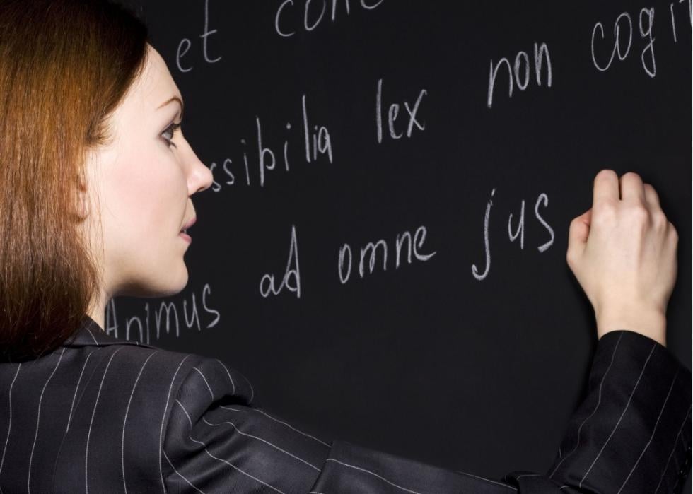 Young teacher writing in Latin language on the blackboard.