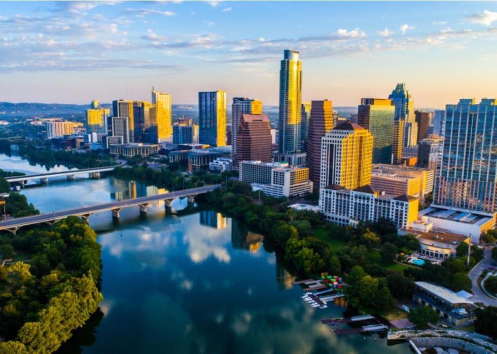 An aerial view of Austin, Texas, and Lady Bird Lake.