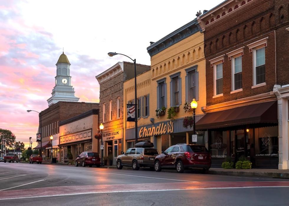 Pink skies over quaint old buildings in downtown Campbellsville, Kentucky.