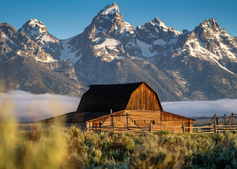 The John Moulton Barn at sunrise in Grand Teton National Park in Wyoming.