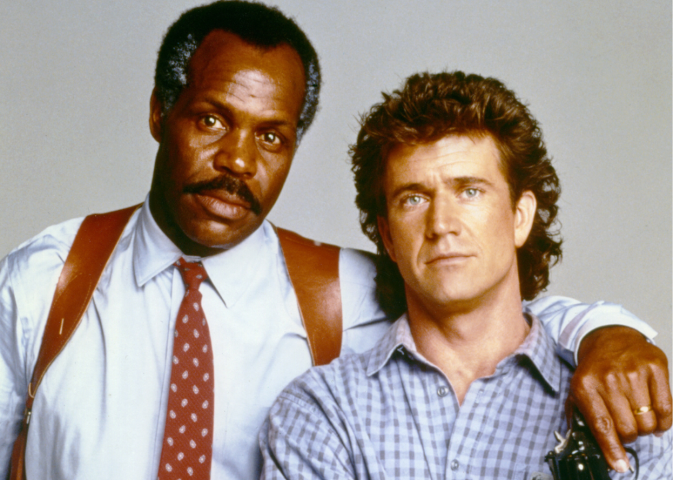 Danny Glover and Australian-American actor Mel Gibson on the set of Lethal Weapon.