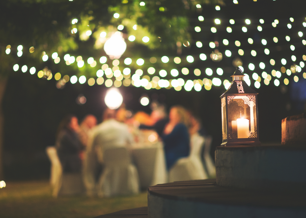 Party lights with people having dinner in the background.