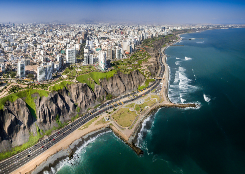 An aerial view of teh Costa Verde in Lima, Peru.