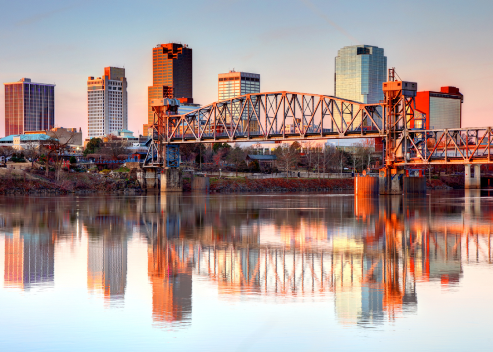 Skyline of a city by the river and a bridge.