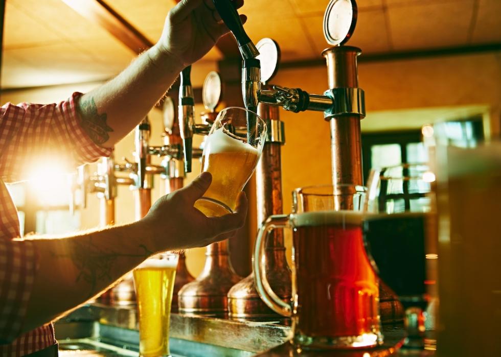 Side view of young bartender pouring beer while standing at the bar counter