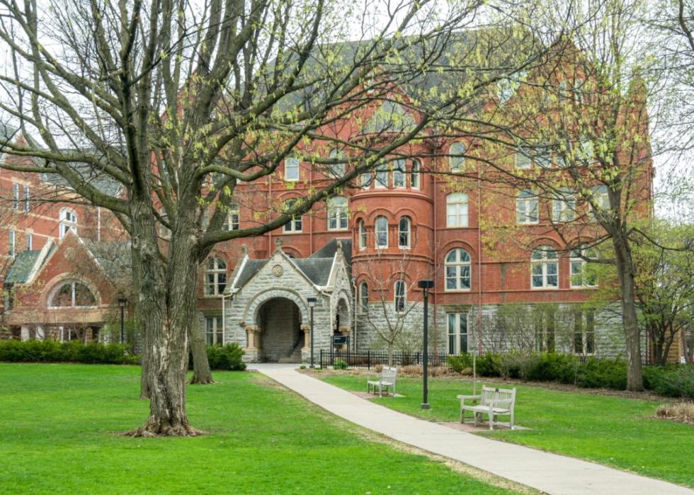 An exterior view of Old Main at Macalester College.