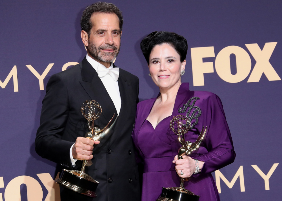 Tony Shaloub and Alex Borstein pose with their Emmy awards.