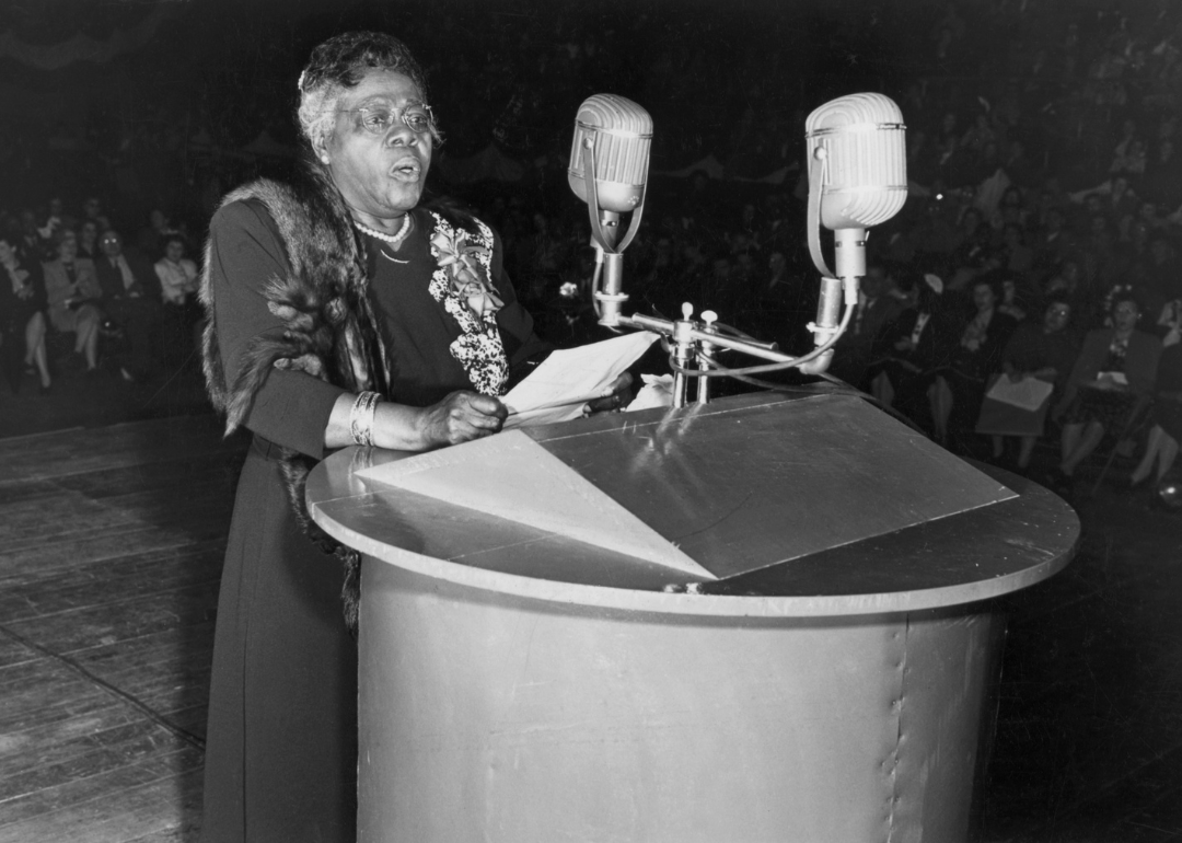 Mary McLeod Bethune speaks to a crowd at Madison Square Garden, circa 1945.