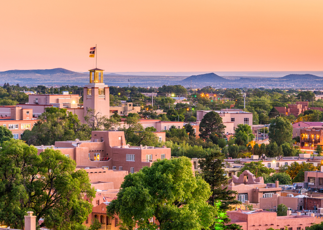 An aerial view of Santa Fe at sunset.