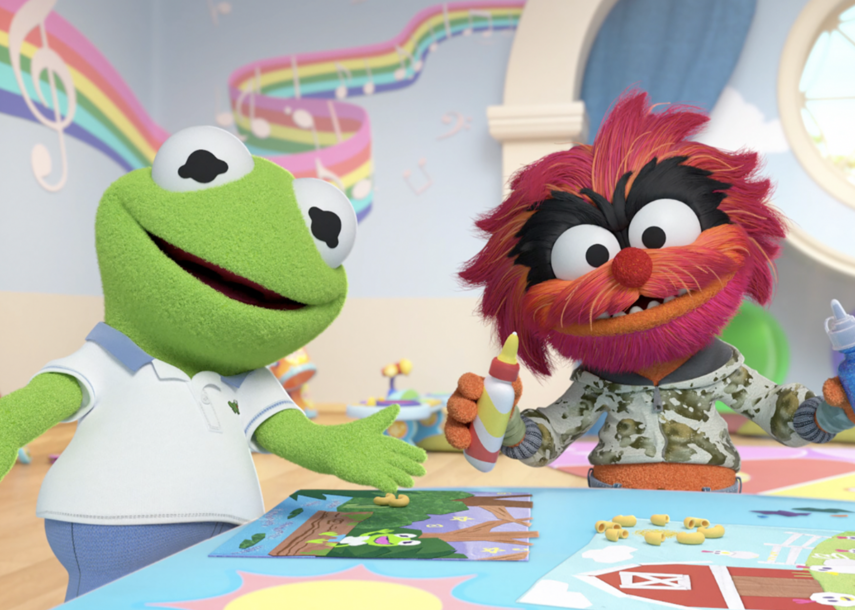 Baby versions of Kermit the Frog and Animal in Muppet Babies