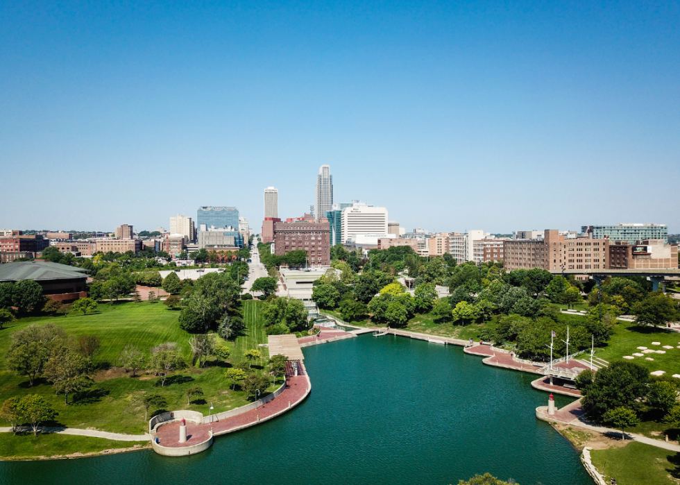 A city skyline with green space and water in the foreground.