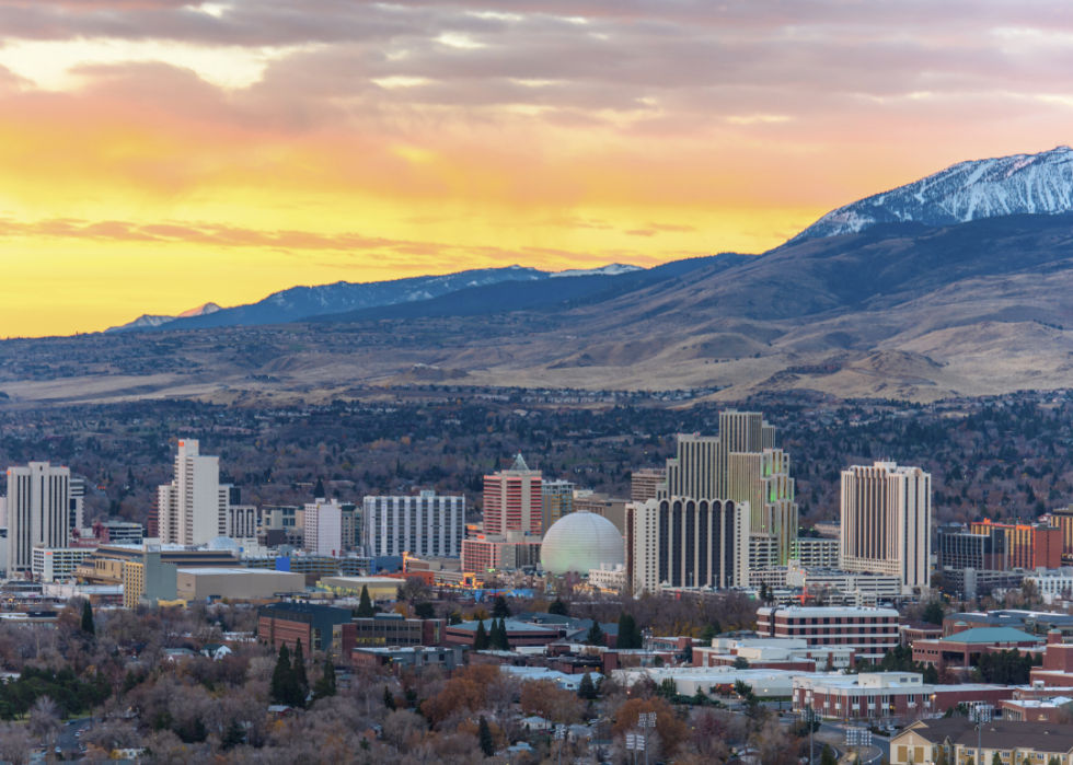 A distant view of Reno, Nevada at dawn.