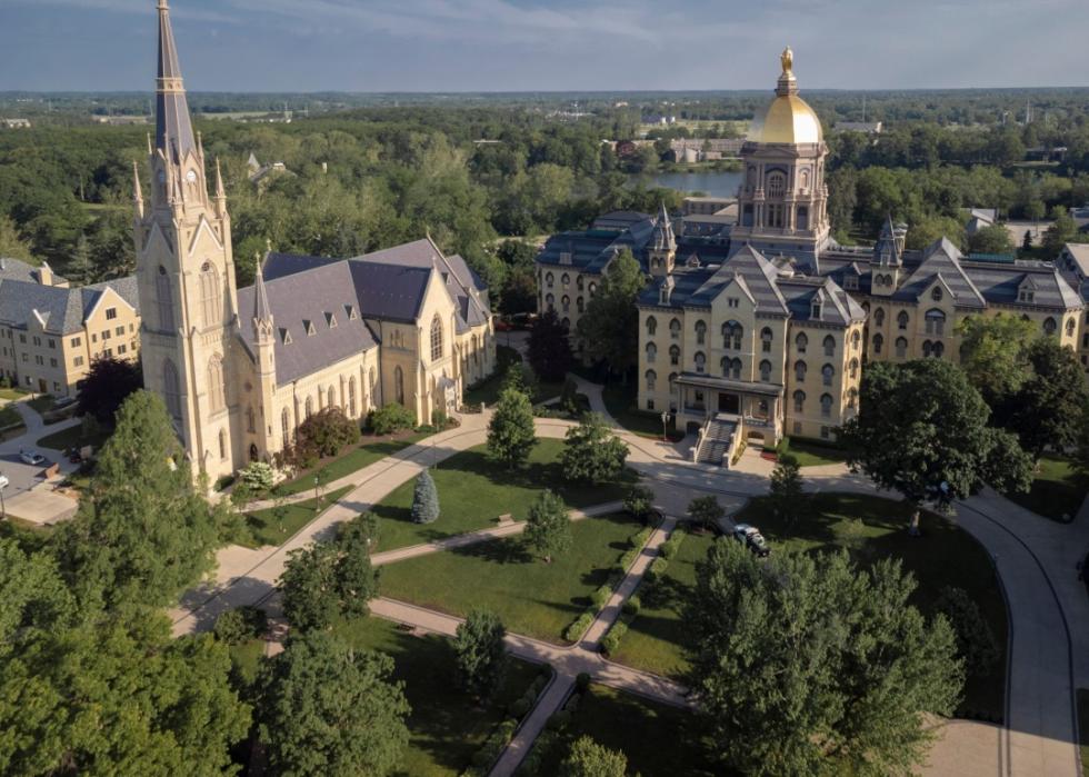 Aerial view of Basilica of the Sacred Heart and Main Building at the University of Notre Dame campus.