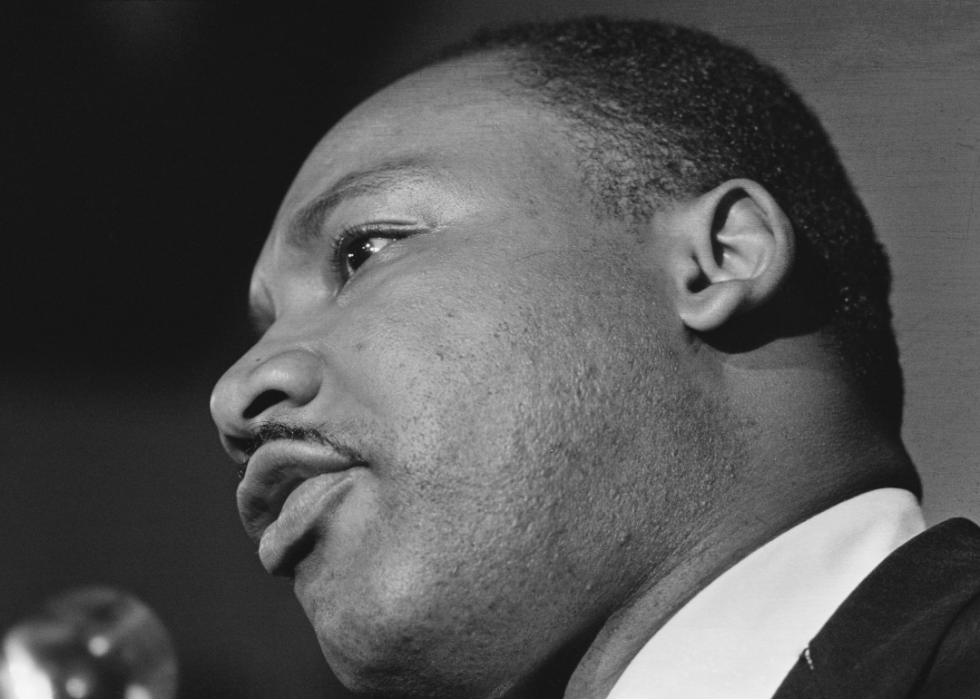 Close-up of Martin Luther King Jr. speaking at a rally.