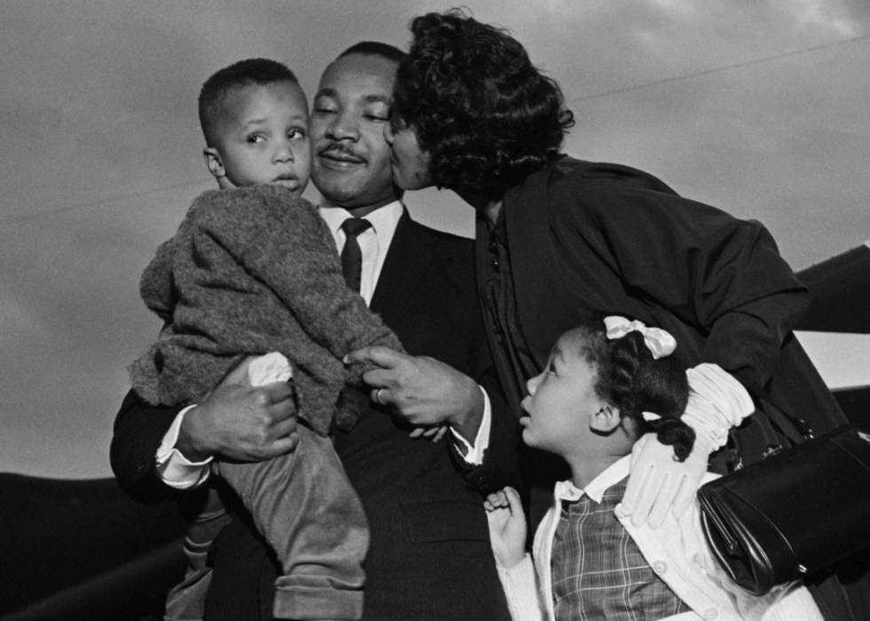 After Martin Luther King Jr. is freed from jail, he is greeted by his wife Coretta and children, Marty and Yoki, at the airport in Chamblee, Georgia.