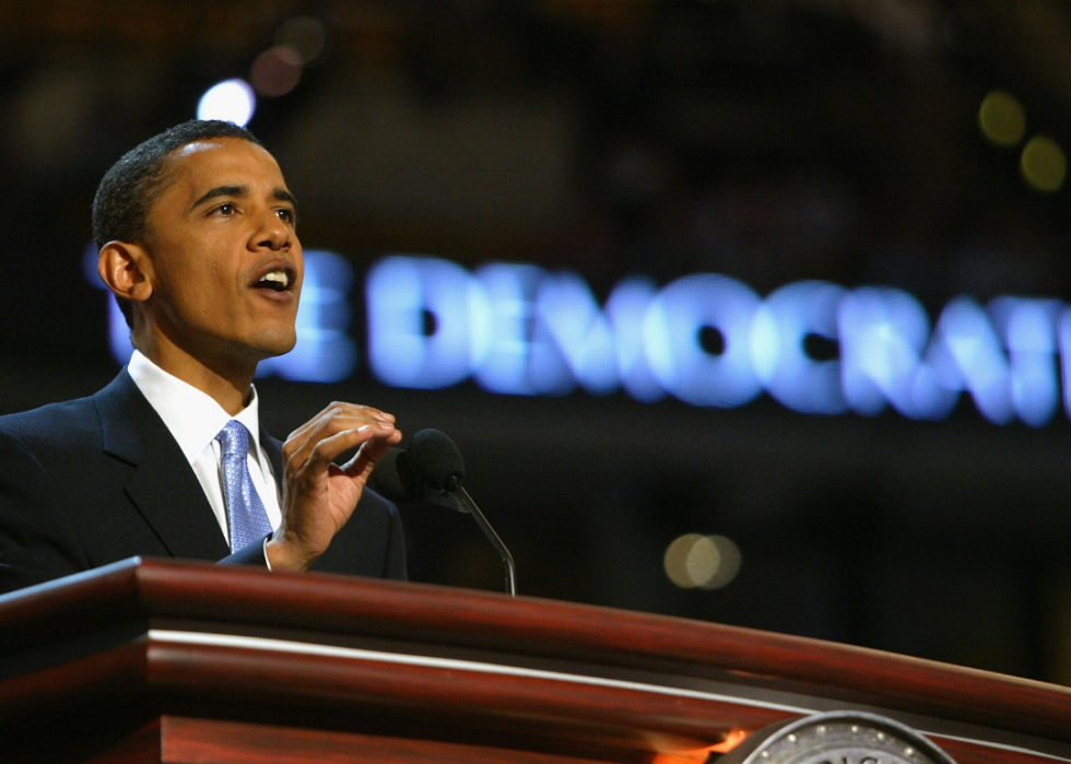 Senate candidate Barack Obama addresses delegates during the 2004 Democratic National Convention in 2004.