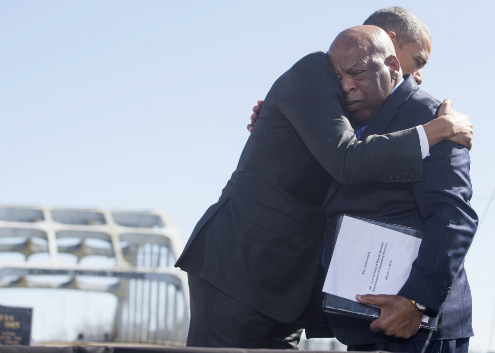 President Barack Obama hugs John Lewis.