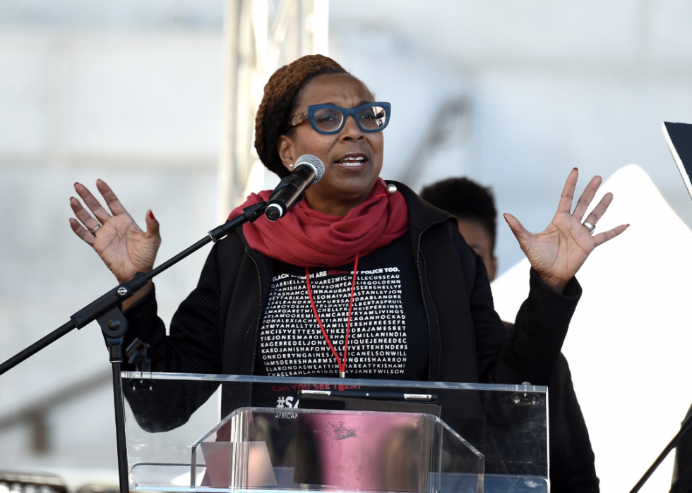 Kimberlé Crenshaw speaks onstage at 2018 Women's March Los Angeles.