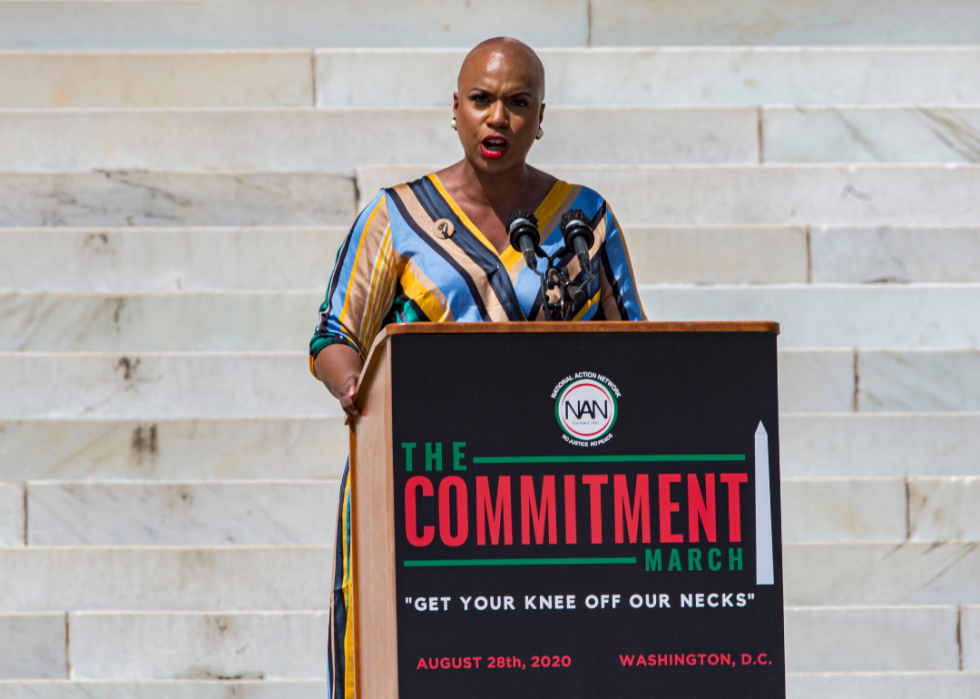 Ayanna Pressley speaks at the 2020 Commitment March: Get Your Knee Off Our Necks, in front of the steps of the Lincoln Memorial.