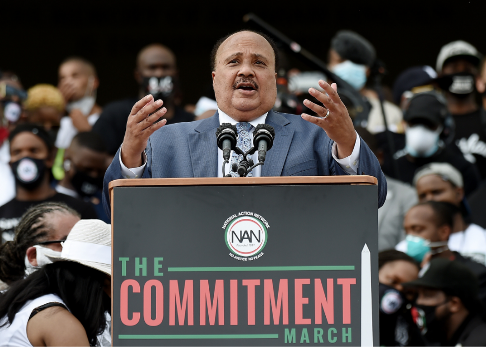 Martin Luther King III speaks during the March on Washington at the Lincoln Memorial.