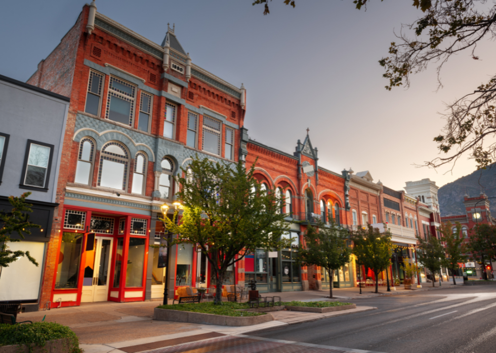 Red brick buildings along the street.