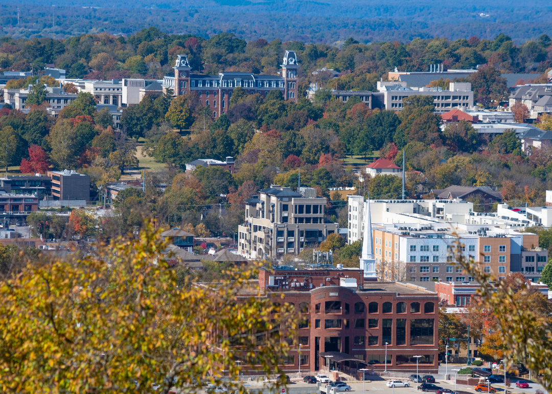 An aerial view of Fayetteville in fall.