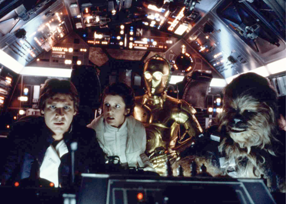 Harrison Ford and Carrie Fisher with Chewbacca and C-3PO in "Star Wars: Episode V - The Empire Strikes Back".